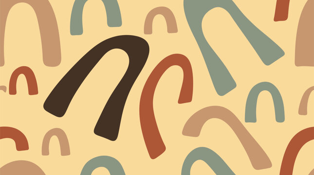 Hand drawn style scattered arches and horseshoe shapes in warm pastel tones on a beige background with boho pattern