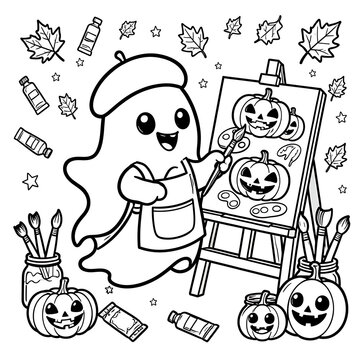 Cute ghost wearing a beret painting jack-o-lanterns on an easel surrounded by art supplies in a Halloween coloring page created with generative ai. 
