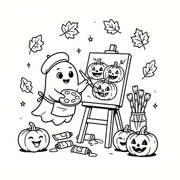 Adorable ghost painter holding a palette and brush working on a pumpkin canvas in a simple kids Halloween line art coloring page created with generative ai. 
