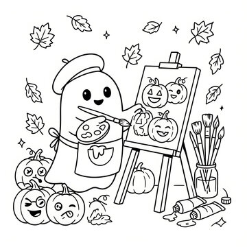 Charming ghost artist painting cheerful pumpkin faces on a wooden easel with paints and brushes in a clean black and white Halloween coloring sheet created with generative ai
