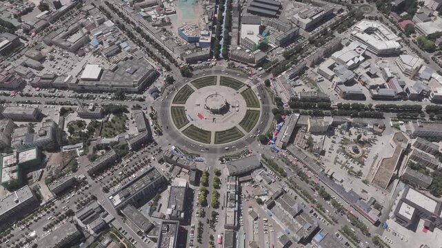 Aerial view of Tekes Bagua city, Ili, Xinjiang, China. City without traffic light.