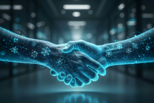 A high-tech digital handshake glowing with blue light and complex data structures, representing advanced artificial intelligence, cyber security, and modern industry.
