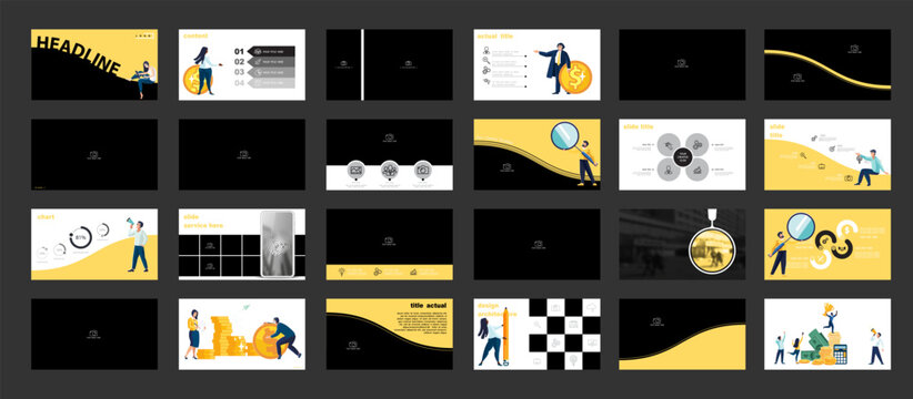 Business presentation, header, PowerPoint, new business project, photo. Infographic template, yellow elements on black and white background, set. Team of people creates business. Vector illustrations
