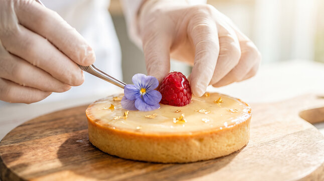 Professional pastry chef wearing sterile gloves using metal tweezers carefully placing purple edible flower upon glazed fruit tart dessert presentation