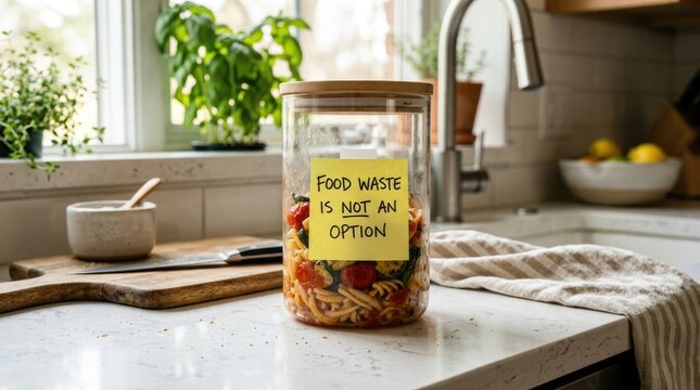 Glass jar filled with leftover pasta and vegetables featuring a yellow note about preventing waste