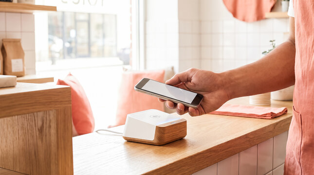Male customer holding blank smart phone display over wooden terminal processing quick wireless payment while purchasing drinks from barista inside bright local retail cafe