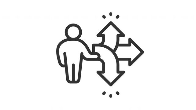 Person standing at multi directional arrow path icons
