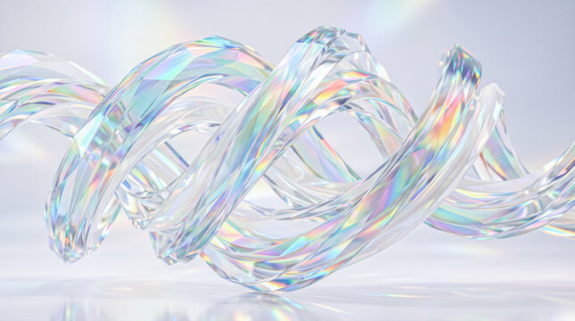 Twisted transparent crystal ribbon structure reflecting vibrant iridescent rainbow colors twisting beautifully across clean bright white seamless surface studio background