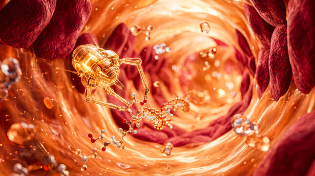 Golden microscopic robotic machine injecting complex molecular structures directly into organic tissue floating deep inside human bloodstream surrounded by red blood cells
