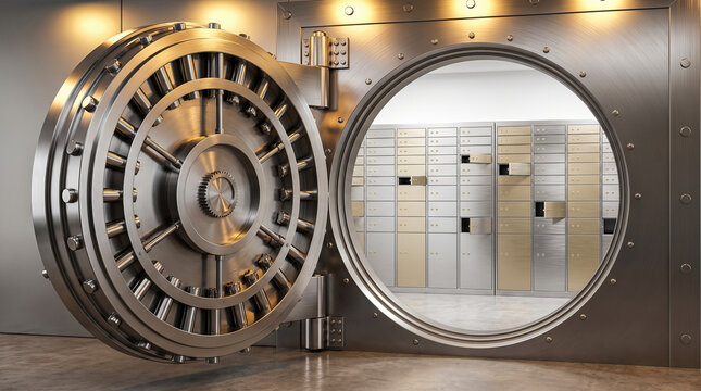 Massive metallic bank vault door standing wide open revealing secure brass deposit boxes resting inside highly protected financial institution storage room facility