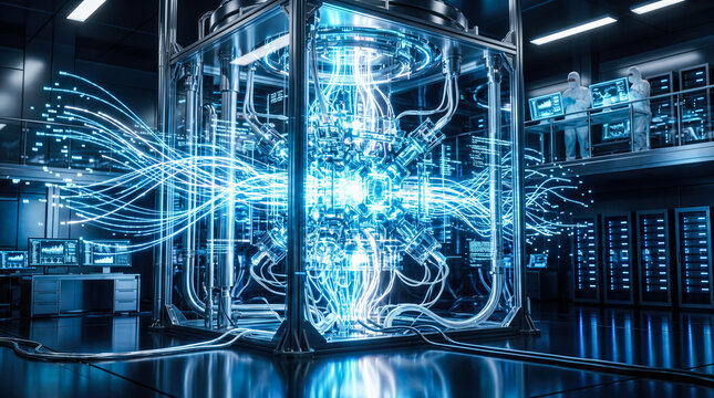 Glowing blue futuristic quantum computer core emitting bright light beams inside dark sterile science laboratory with two scientists wearing hazmat suits on background balcony