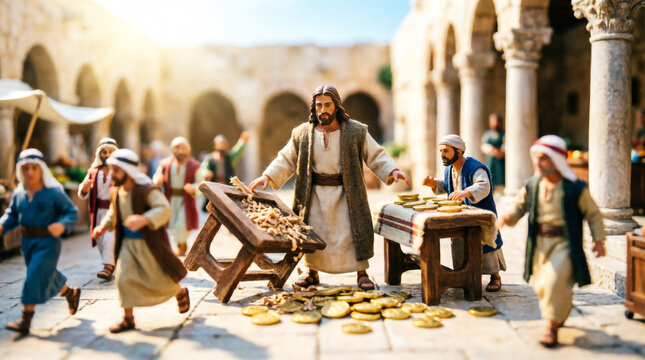 Dramatic artwork of Jesus driving out money changers during the First Cleansing of the Temple.