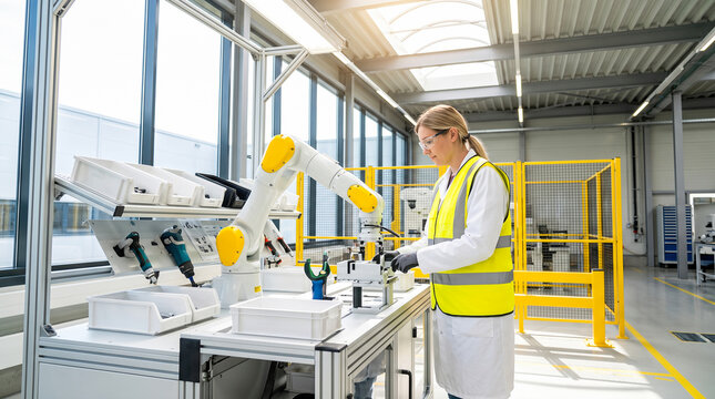 Female industrial engineer wearing yellow reflective safety vest operating automated mechanical robotic arm assembling plastic components upon metal workbench inside manufacturing factory