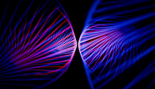 Abstract digital art with blue and pink neon light trails converging