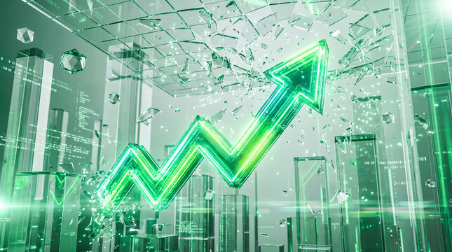 Bright green glowing neon arrow pointing upward breaking through shattered transparent glass barriers representing financial stock market growth and economic success