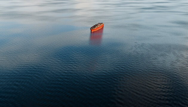 A cargo container ship sails alone on the open ocean
