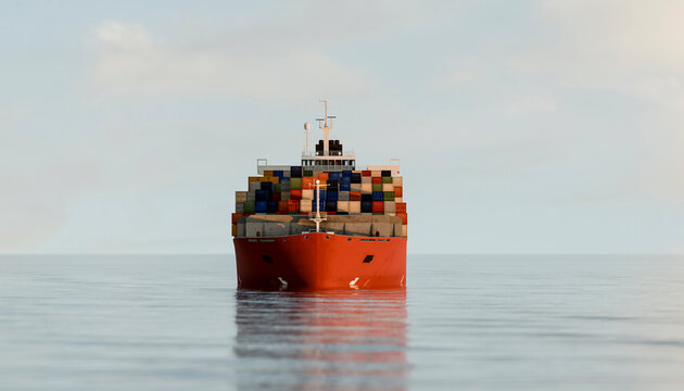 A red container ship loaded with cargo containers sails on calm ocean