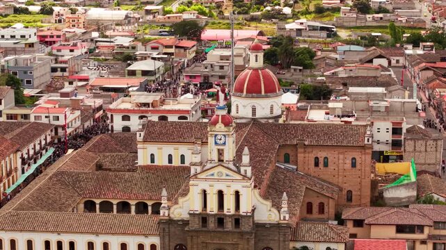 Aerial view of the inti raymi festival parade celebrating the sun god in cotacachi, ecuador