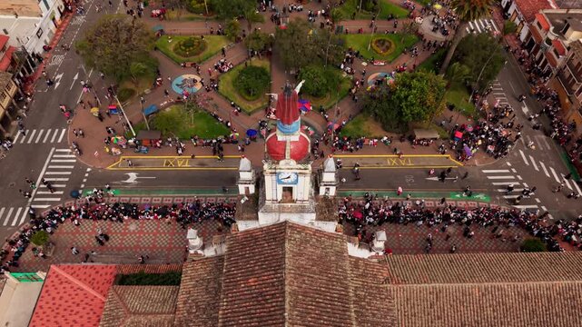 Top down aerial view of the indigenous inti raymi festival celebration in cotacachi, ecuador