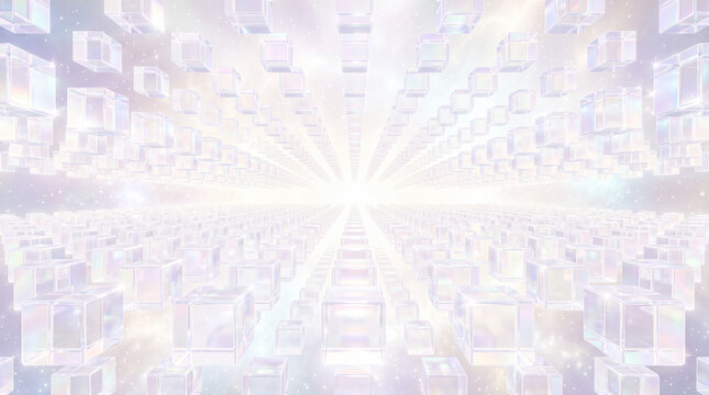 Infinite perspective showing rows geometric transparent glass cubes floating across bright cosmic space background illuminated by soft ethereal starlight galaxy