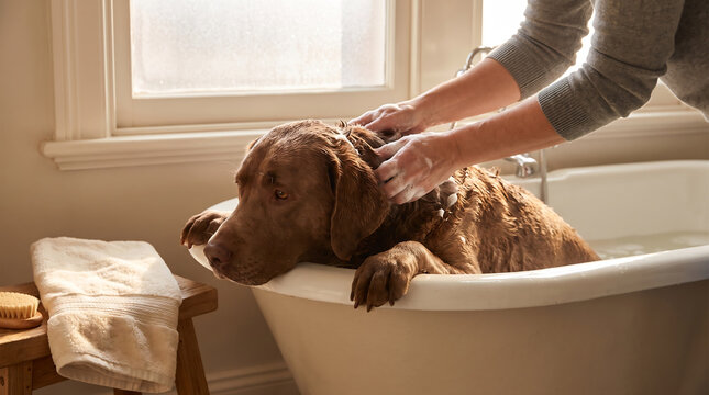 A calm brown dog rests comfortably in a home bathtub while a caregiver gently washes its coat, capturing a natural pet-care routine.