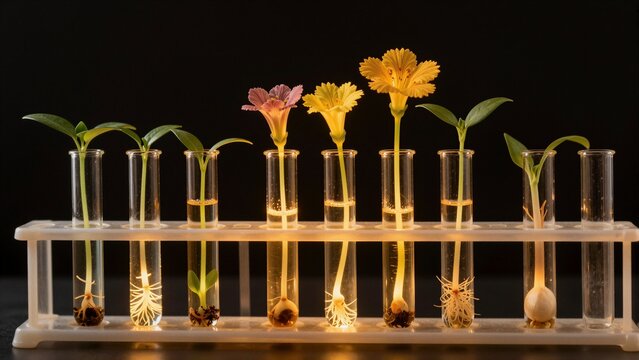 Young plants and flowers sprout from soil and bulbs inside glass test tubes arranged on a lab rack under warm lighting.