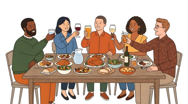 A diverse group of friends enjoying a festive holiday dinner featuring a delicious thanksgiving turkey cartoon style illustration with people toasting and celebrating together happily