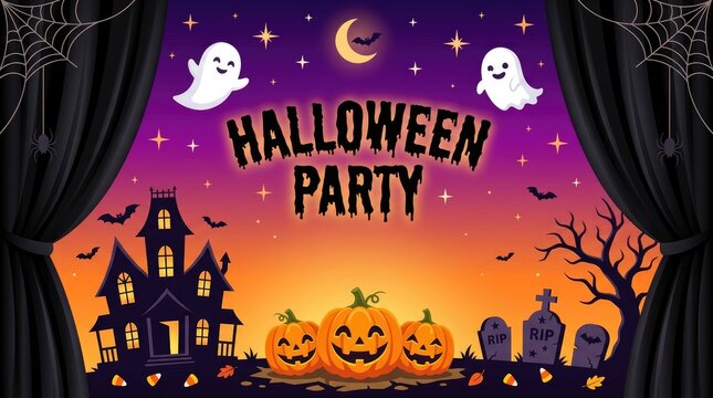 Halloween party invitation card with smiling pumpkins cute ghosts haunted house and dark curtain frame backdrop
