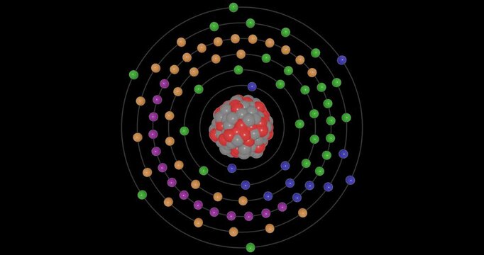 3D animation of a Polonium (Z=84) atom on a transparent background showing shells, subshells, electron orbits, and nucleus with protons and neutrons, illustrating atomic structure and energy levels.