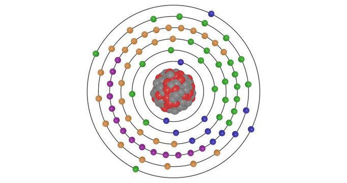 3D animation of a lead atom showing shells, subshells, electron orbit, and nucleus with protons and neutrons, illustrating atomic structure and energy levels for STEM education visuals in chemistry