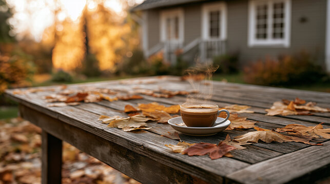 Hot Coffee Glass Cup with Steam on Rustic Wooden Table in Autumn Yard
