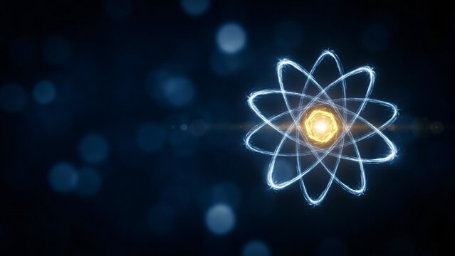  Glowing Atomic Structure with Orbiting Electrons on Dark Background
