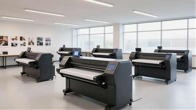 A clean, modern printshop interior featuring multiple large-format printing machines under natural daylight from expansive windows.