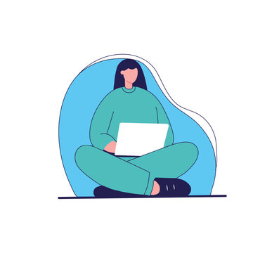 Woman Working on Laptop Sitting Cross Legged, Remote Work Concept