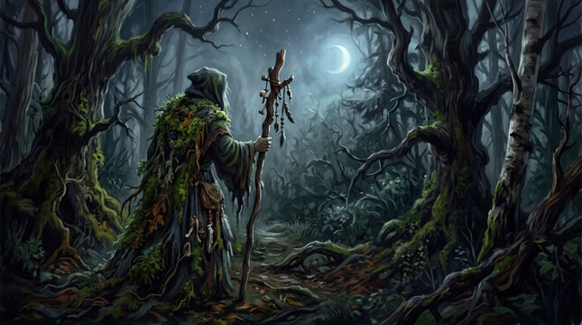 A mystical druid standing with a wooden staff in a dark enchanted forest under a glowing crescent moon