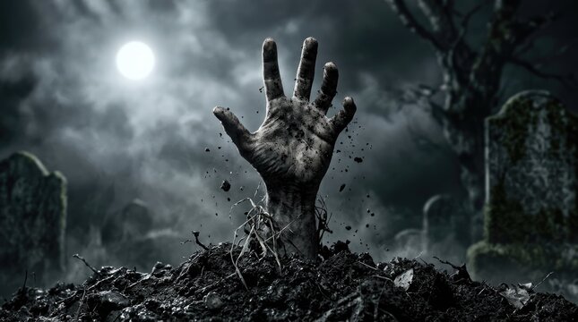 Spooky zombie hand emerging from dark graveyard soil under bright full moon during midnight foggy night