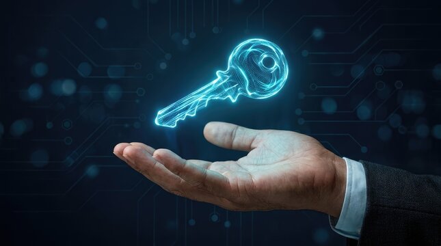 Glowing digital security key hovering above an open palm representing modern protection for online cyber data