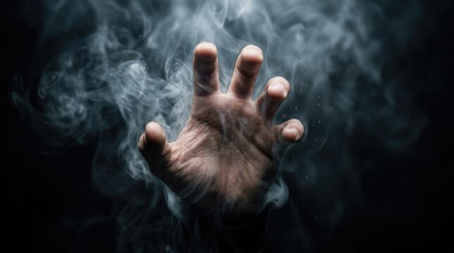 Human hand reaching forward through swirling white magical mist against a dramatic dark black background setting