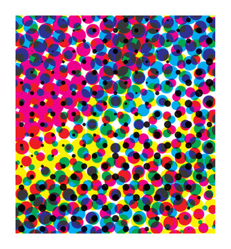 Colorful circles arranged in vibrant geometric patterns on white background with multicolored circles scattered