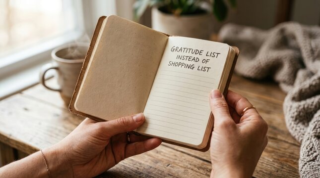 Open notebook displaying handwritten text about gratitude list instead of shopping list on rustic wooden table