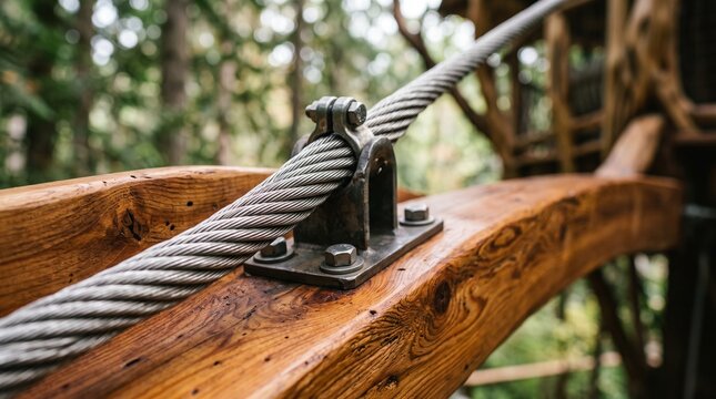 Industrial steel cable secured to wooden beam, heavy duty wire rope clamp on timber bridge, rustic construction detail in forest