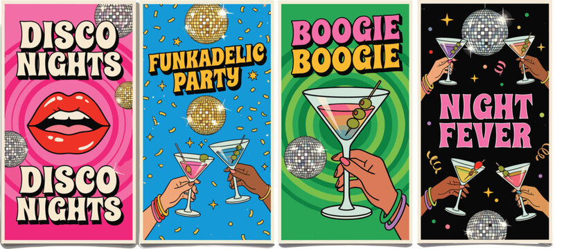 Disco party poster vector illustration set featuring Funkadelic, Boogie Nights, and Night Fever themes with cocktails, lips, and disco balls in retro design style
