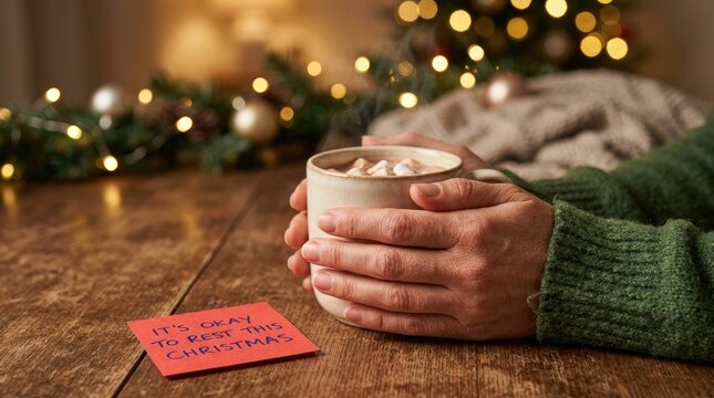 Warm hands holding a steaming mug of hot chocolate beside a note about resting during Christmas