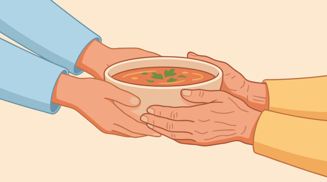 elderly care vector meal caregiver senior food support home assistance caring hands pass a warm bowl of soup to an older person for public awareness and social care campaigns and public education