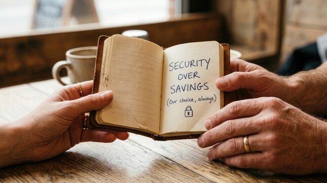 Hands holding vintage notebook featuring handwritten security over savings message on aged paper surface table top