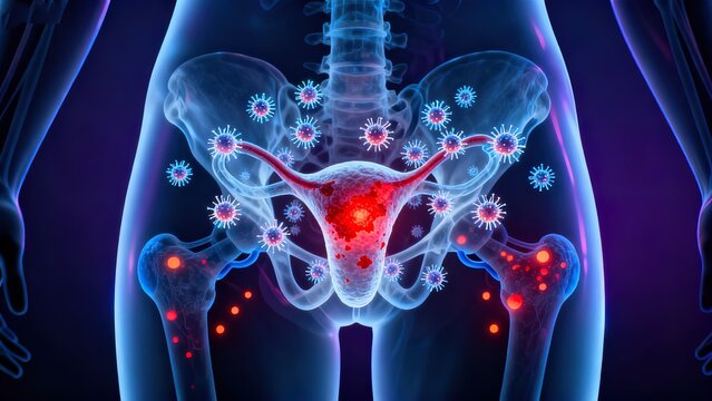 Semi-transparent female lower body with glowing HPV virus particles surrounding the cervix and red cancerous lesion at transformation zone with lymph node metastatic spread in pelvic area
