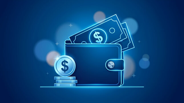 Blue neon wallet illustration with money bills and dollar coins symbolizing wealth and finance