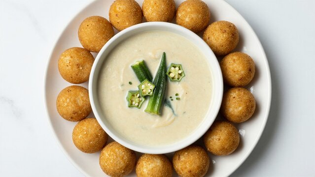 A creamy okra soup served with fried eba dumplings on a white plate, garnished with fresh okra slices.