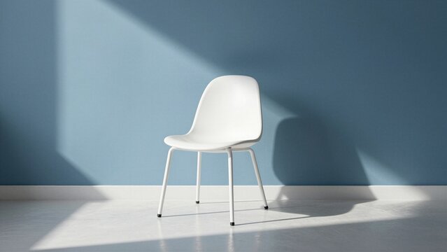 A white Eames style chair stands alone against a blue wall, bathed in natural sunlight casting soft shadows on floor and wall.