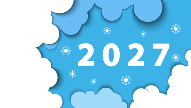 Happy New Year 2027 in paper cut style. Numbers surrounded by white clouds 2027 on a blue background, snowflakes, holiday. Elements for calendar, greeting card, abstraction, texture, vector illustrati